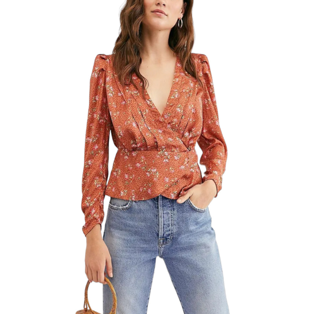 Free People A Night With You Floral Wrap Front Satin Blouse Sz XS Plunging Neck